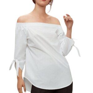 Aritzia Babaton white cotton off-shoulder bib hem tie sleeve MALIK top
